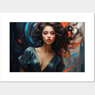 Modern Stunning Brunette Woman — Blue Black Red & Gray Background Posters and Art